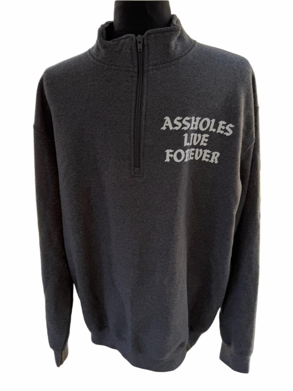 ALF Assholes Live Forever Gray Quarter Zip Pull Over Sweatshirt Size XL Graphic